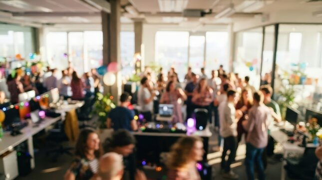 Office party background photo with blurred coworkers celebrating in a modern workspace, featuring festive decorations and social interaction for corporate event concepts and banners