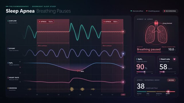 Sleep apnea breathing pauses chart airflow oxygen saturation heart rate polysomnography monitor loop