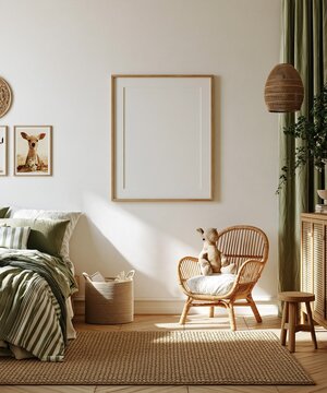 Cozy nursery room interior featuring a single blank poster frame, cute decor, soft colors and natural light.