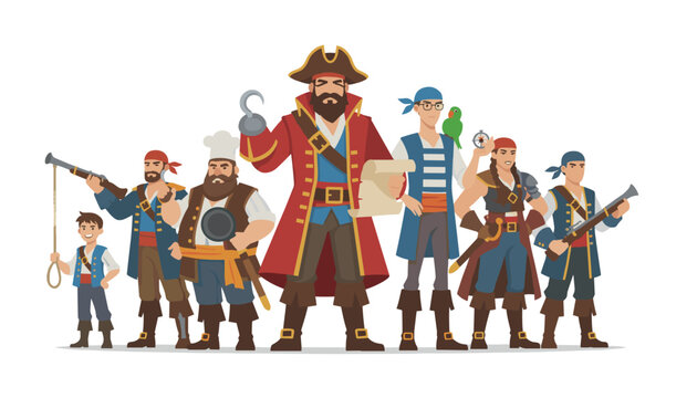 Crew of cartoon pirates standing together with their captain holding a treasure map, hook hand, and compass.