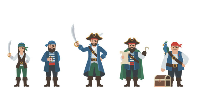 Lineup of cartoon pirates featuring a captain with a sabre, treasure chest, parrot, and nautical map.