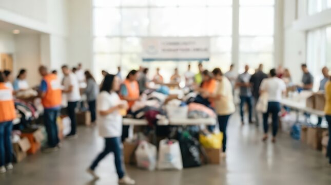 Community charity donation drive event photo with blurred volunteers organizing clothing and supplies in a large bright indoor hall for humanitarian aid and social support projects
