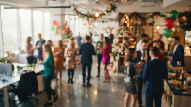 Office Christmas party blurred background photo featuring professional colleagues celebrating in a decorated workspace with festive lights and holiday decorations for corporate events