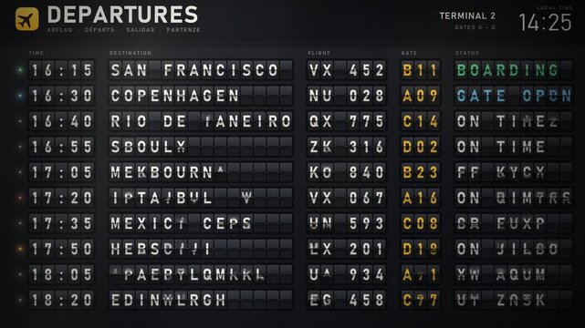 Mechanical Airport Departure Board Showing Flight Status and Times in Terminal
