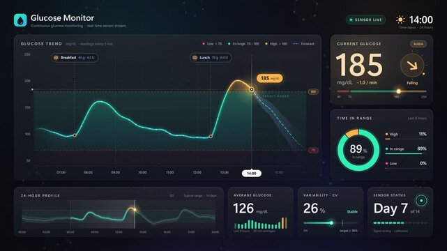 Glucose monitor chart animation scrolling 24 hour blood sugar trend line dashboard seamless loop