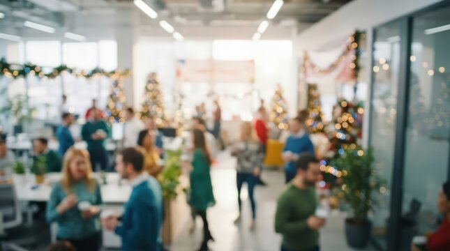 Office Christmas party blurred background with colleagues celebrating in a festive corporate environment, featuring soft bokeh lights and holiday decorations for professional events.