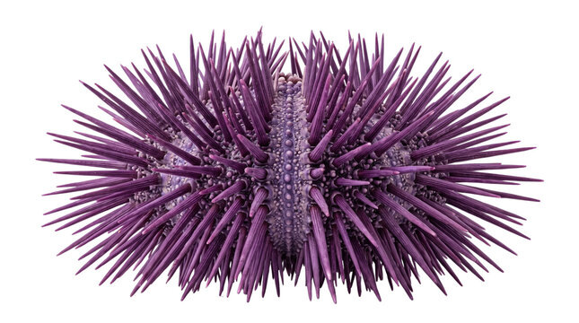 Purple sea urchin with sharp spines, isolated spiky marine creature object, vivid underwater ocean fauna studio photography, tropical sea life element
