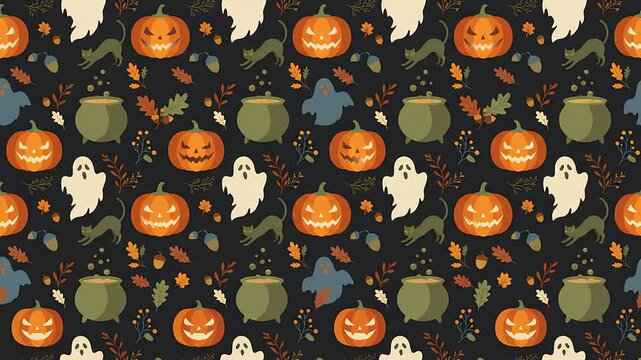 Animated seamless pattern featuring halloween pumpkins and cute ghosts