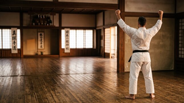 Adult male martial artist in white gi celebrating success with arms raised inside a traditional Japanese dojo with wooden floor