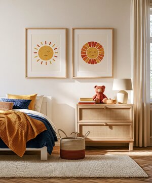 Cozy nursery room interior with playful furniture, cute toys, soft colors and blank wall art frames.