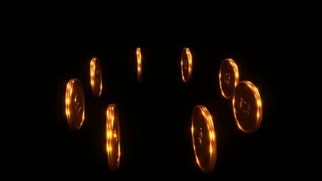 Eight gold coins featuring major forex currency symbols rotate in a circular carousel against a black background with reflective metallic surfaces and cinematic lighting.
