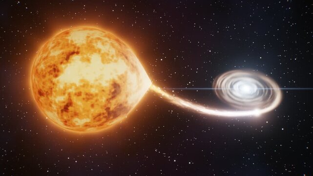 White dwarf star accreting matter from a companion red giant star in space