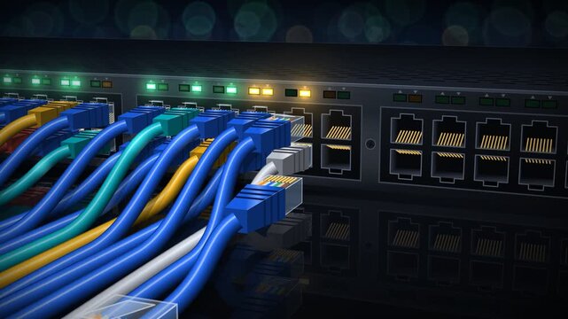 Network Switch with Multi Colored Ethernet Cables Connecting and Blinking LEDs Loop