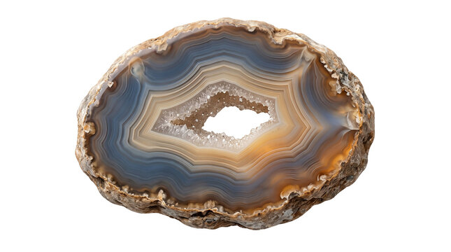 Natural polished agate slice specimen, blue and beige chalcedony crystal slice isolated on white background, mineral geode stone texture