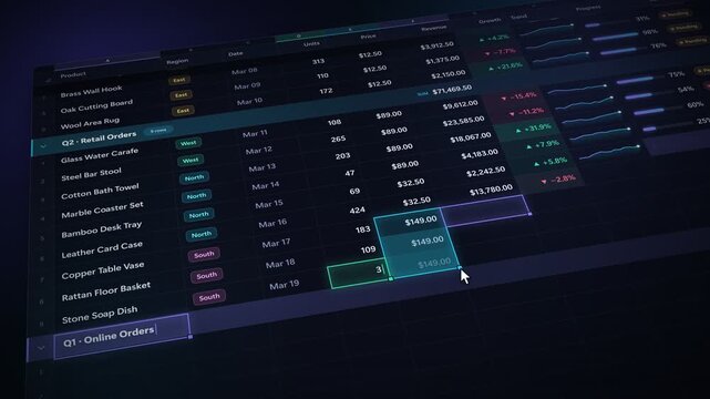 Digital spreadsheet cells filling in with financial data and autofill in 4K