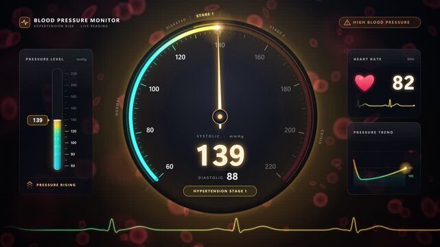 Medical HUD Hypertension Monitor Showing Rising Blood Pressure Gauge Needle