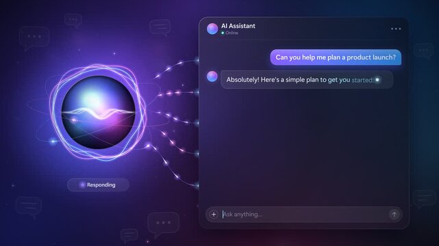 Dialogue with AI chatbot glowing voice orb and glass chat window seamless loop