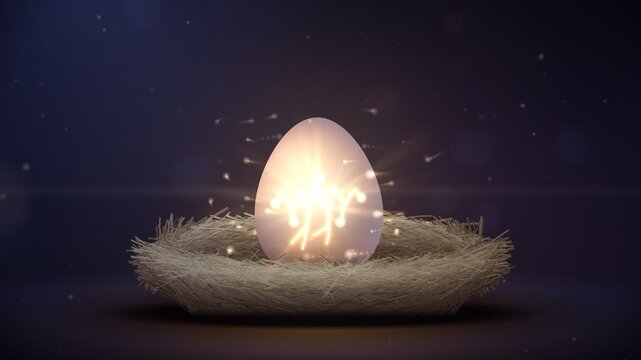 Cute fluffy chick hatching from a white egg in a nest with magical golden light