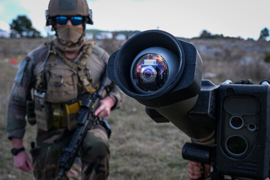 Close view of the sighting head of an anti tank missile firing post during firing trials on the Canjuers range, France