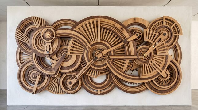 Conceptual kinetic wooden wall sculpture featuring a sophisticated arrangement of pivoting geometric timber elements, layered rotating-inspired forms, precision-crafted oak and dark walnut, intricate 