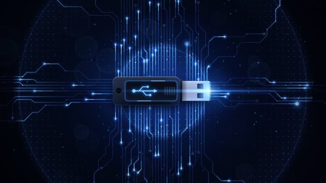 Futuristic USB Flash Drive Connected to Motherboard Glowing With Data Transfer Energy Loop Animation