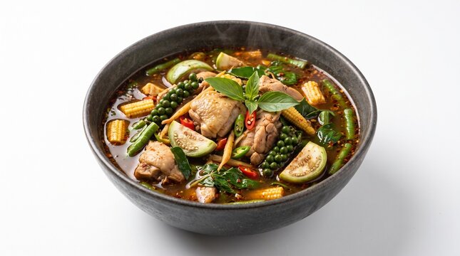 Thai Jungle Curry with Chicken isolated on white background