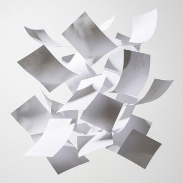 Many white blank paper sheets fly in air. Chaos of loose pages scatter across white background. Concept of messy office work, document loss, flying documents in wind. Empty sheets move fast with