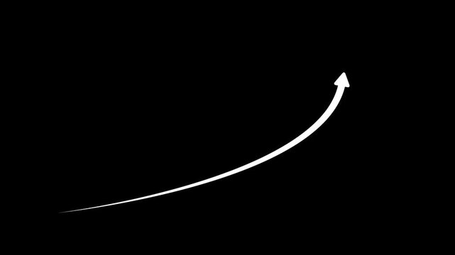 White growing upward financial arrow graph animation on black background, business success growth and progress concept, stock market profit increase and trading data visual element.