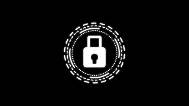 White secure padlock icon with futuristic tech HUD circles animation on black background, cybersecurity and data protection concept element, privacy shield loop motion graphics.
