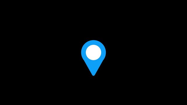 Blue map location pin marker icon animation on black background, GPS navigation and travel destination finder concept element, geolocation map pointer tracking loop motion graphics.