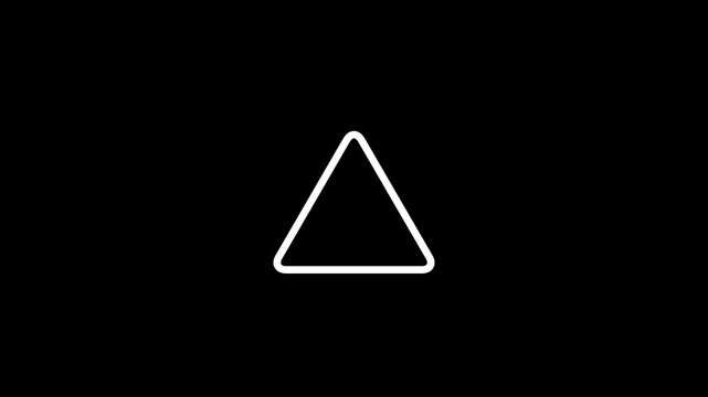 Minimalist white outline warning triangle icon blinking and flashing animation on black background, caution and hazard alert symbol loop motion graphics, security notice element.