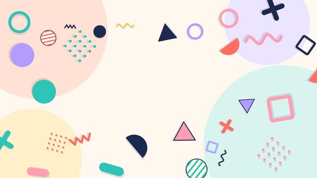 Vibrant Memphis style background with colorful geometric shapes, circles, triangles, and squiggles. A playful, retro-inspired abstract pattern ideal for modern graphic design projects.