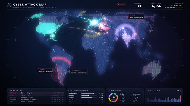 Cyber attack map animation with strike arcs and live threat dashboard in 4K seamless loop