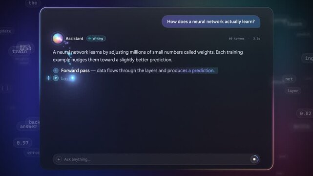 AI assistant answer streaming text generation and code snippet in a sleek dark glass chat interface with glowing cursor