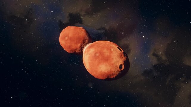 Realistic 3d animation of a red contact binary kuiper belt object in space