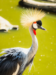Fototapeta premium Close-up portrait of a grey crowned crane with vibrant golden crest feather crown
