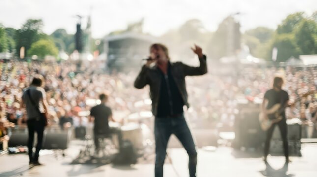 Rock band performing live concert on outdoor stage with blurred crowd in background, singer holding microphone and guitarists playing music during summer music festival event