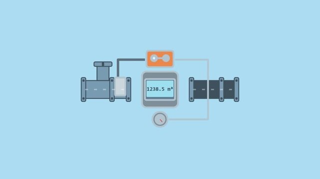 Industrial water flow meter and pipe system flat vector illustration for engineering and automation concepts