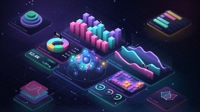 Isometric 3d analytics dashboard animation with floating glass charts and live data network loop