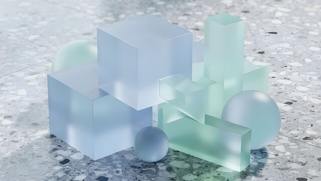 빛을 받아 반짝이는 다양한 크기의 투명한 얼음 및 유리 큐브 블록들의 미니멀한 조형물
Minimalist transparent ice and glass cube blocks gleaming under soft light