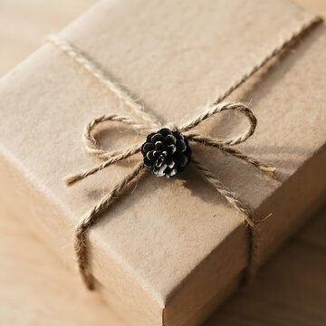 크라프트 마포 상자 위에 끈으로 곱게 묶인 작은 솔방울과 아날로그 감성의 포장
Craft paper gift box tied with twine string and a small pinecone on top