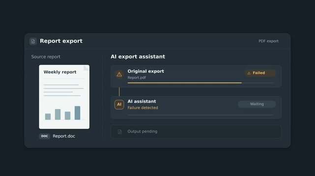 AI assistant retrying a failed report export and checking the PDF