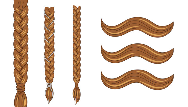 Various styles of detailed brown hair braids and wavy strands displayed in a neat vector collection.