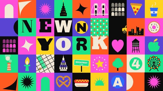 Colorful Flat Design New York Travel Background with Icons
