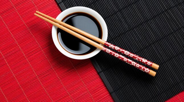 Top view of soy sauce in white ceramic bowl with wooden chopsticks. Chopsticks with cherry blossom pattern rest on black bamboo mat, red textured surface. Minimalist Asian food setting for sushi