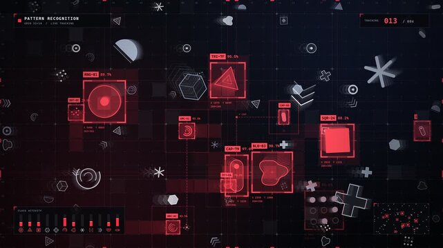 Advanced pattern recognition software interface scanning shapes and data on dark sci fi grid