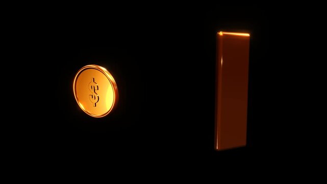 3D gold dollar coin and 1 kg gold bar rotating against a black background with rich golden tones, reflective metallic surfaces, and cinematic lighting.