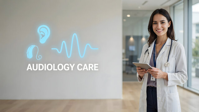 Audiology care professional holding tablet in modern clinic setting