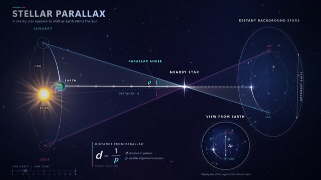 Stellar parallax astronomical diagram showing star shifting as Earth orbits Sun