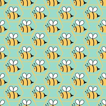 Seamless Honeybee Hexagon Grid Pattern on Mint Background